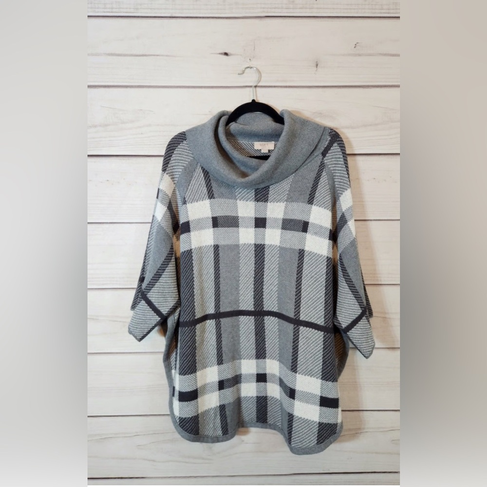 LOFT Gray Plaid Cowl Neck Sweater